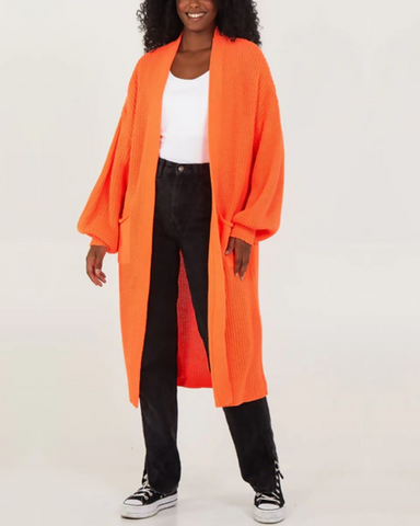 Orange Balloon Sleeve Longline Cardigan