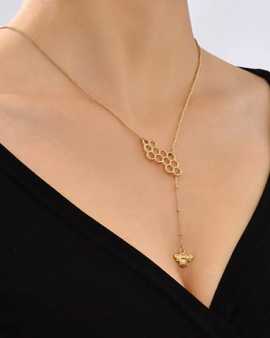 Bee Hexagon Honeycomb Lariat Necklace