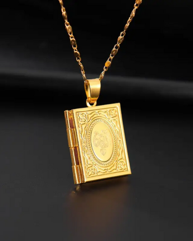 Book Locket Engraved Gold Necklace