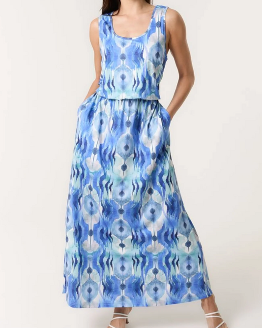 Watercolour Puffball Maxi Dress Blue Tone