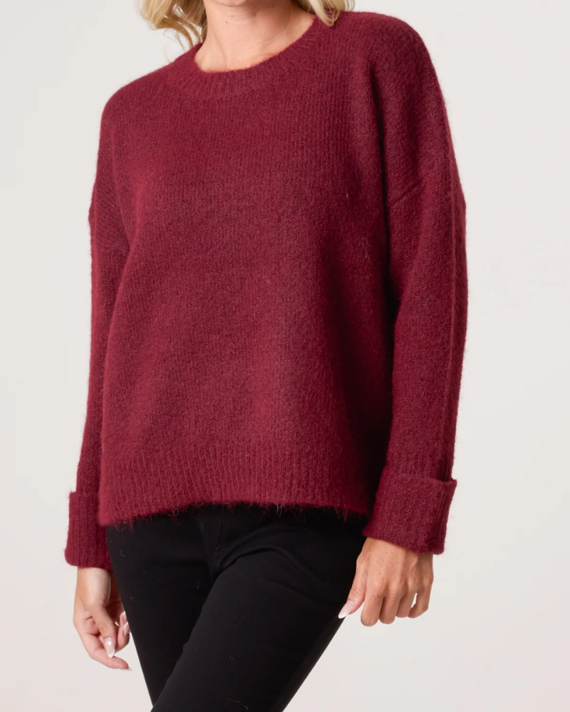 Berry Roll Sleeve Crew Knit Jumper