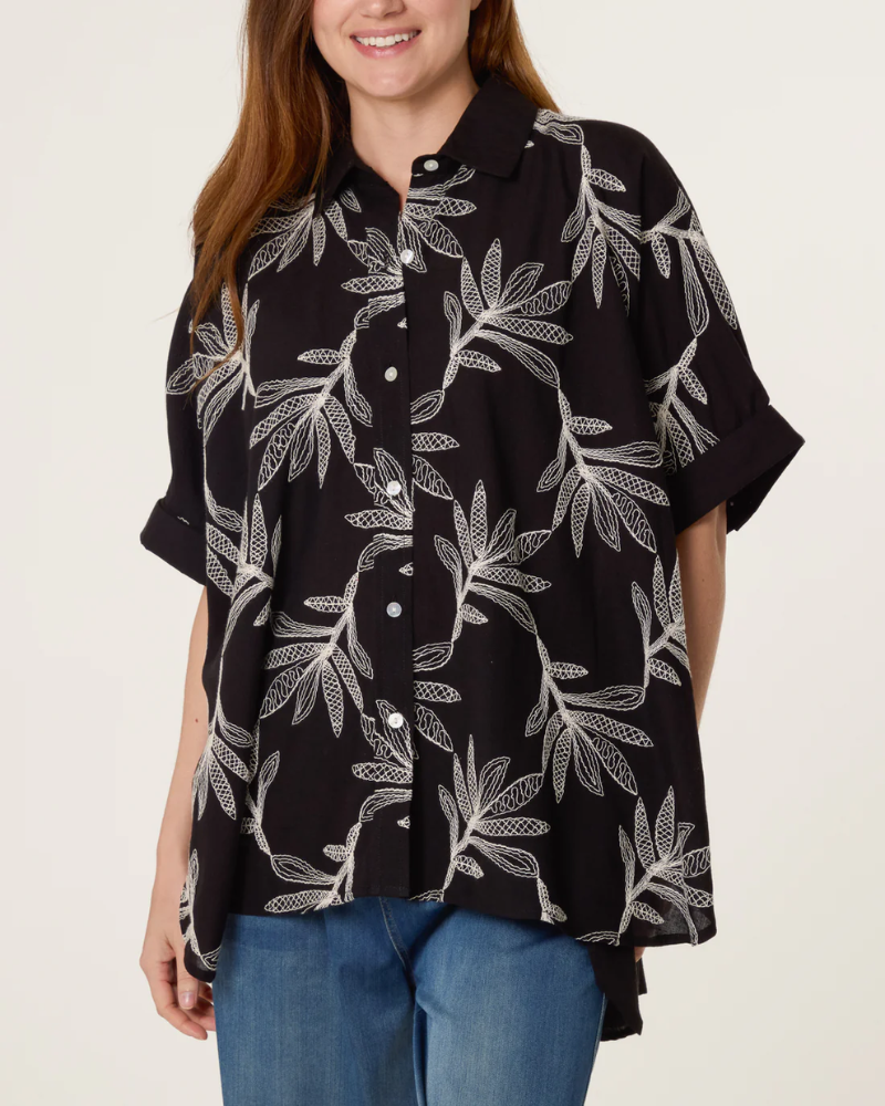 Black Embroidered Leaf Button Shirt