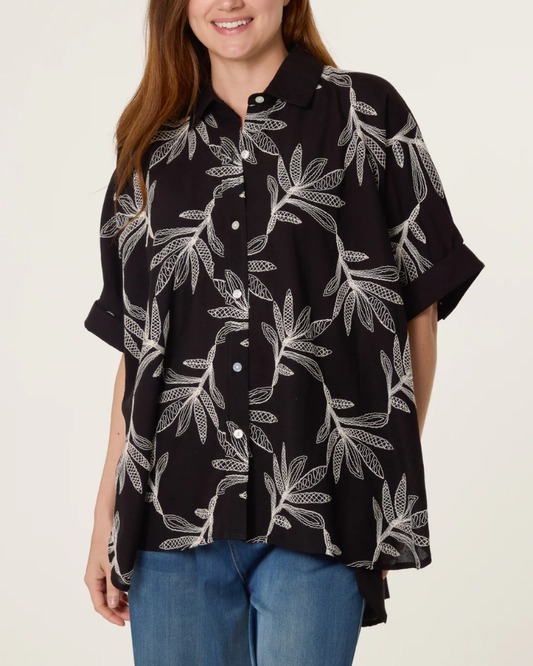 Black Embroidered Leaf Button Shirt
