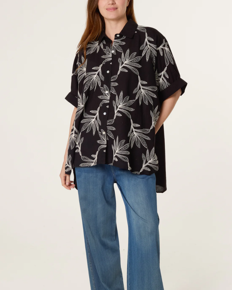 Black Embroidered Leaf Button Shirt