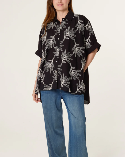 Black Embroidered Leaf Button Shirt