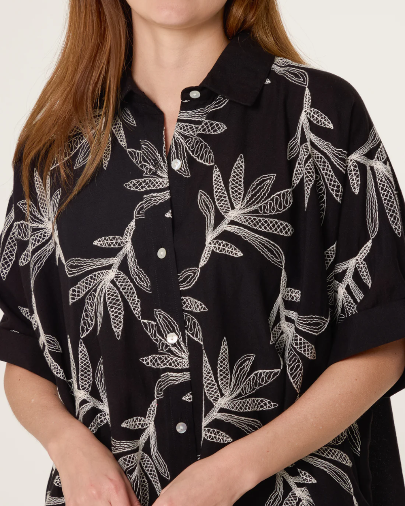 Black Embroidered Leaf Button Shirt
