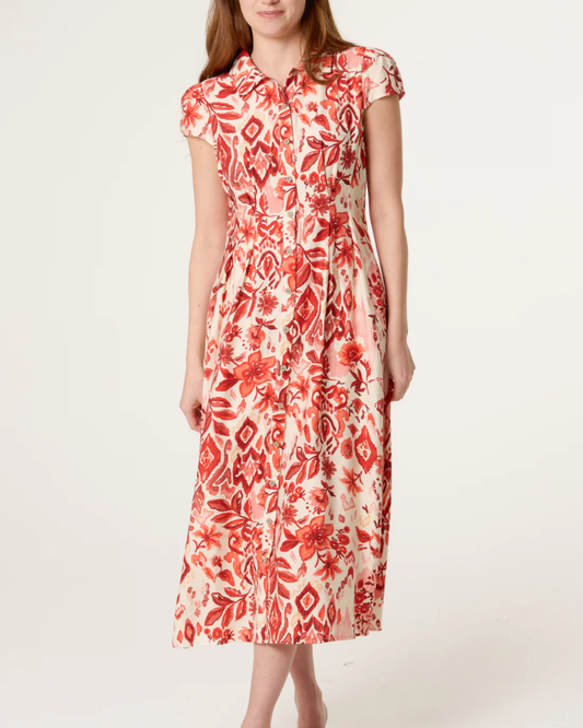 Orange Abstract Floral Button Shirt Dress