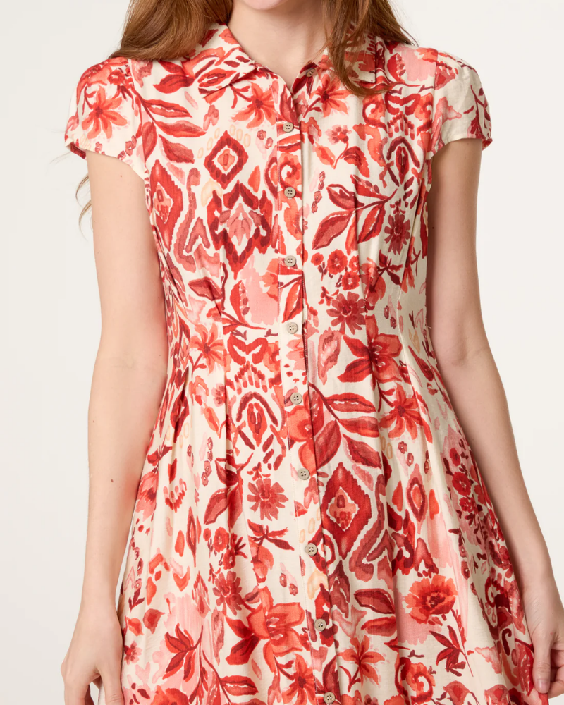Orange Abstract Floral Button Shirt Dress