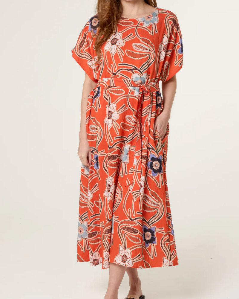 Orange Floral Belted Relaxed Pocket Dress