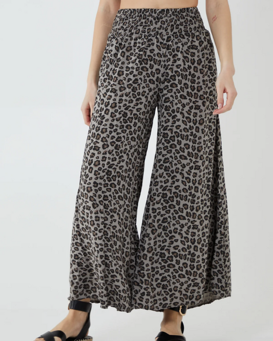 Leopard Print Ruched Waist Wide Leg Trousers