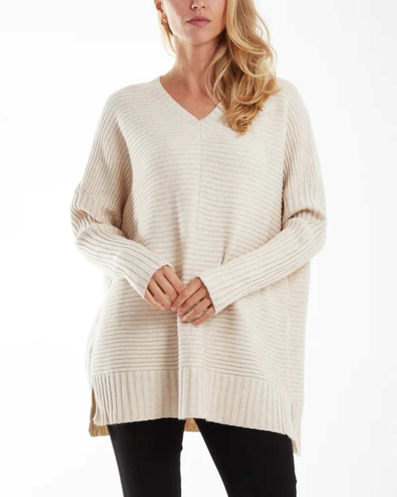 Knitted V-Neck Ribbed Jumper
