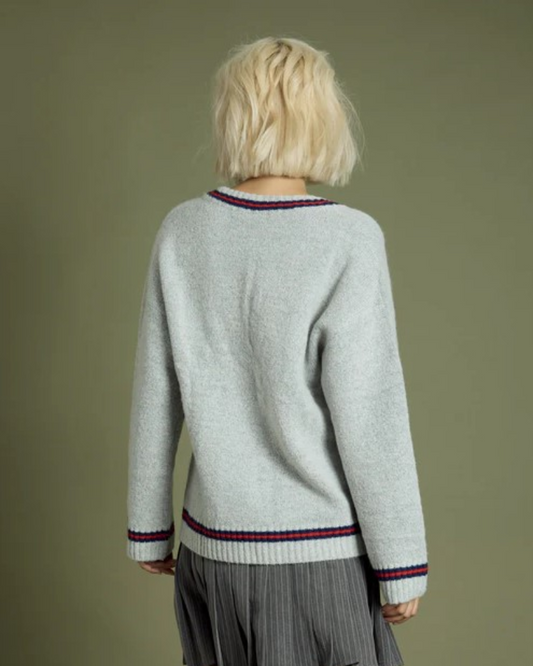 Grey Varsity V-Neck Trim Jumper