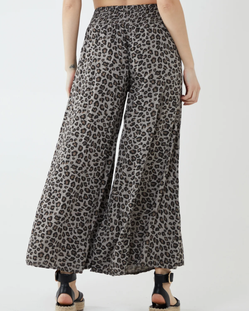 Leopard Print Ruched Waist Wide Leg Trousers