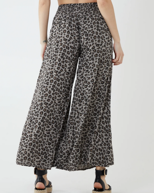Leopard Print Ruched Waist Wide Leg Trousers