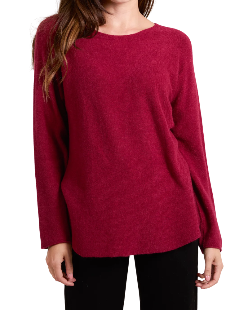 Round Neck Fine Knit Jumper in Wine