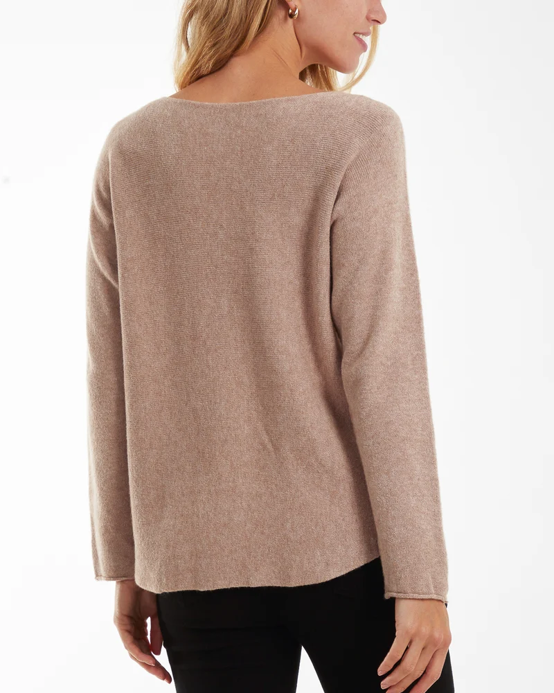 Round Neck Fine Knit Jumper in Light Mocha