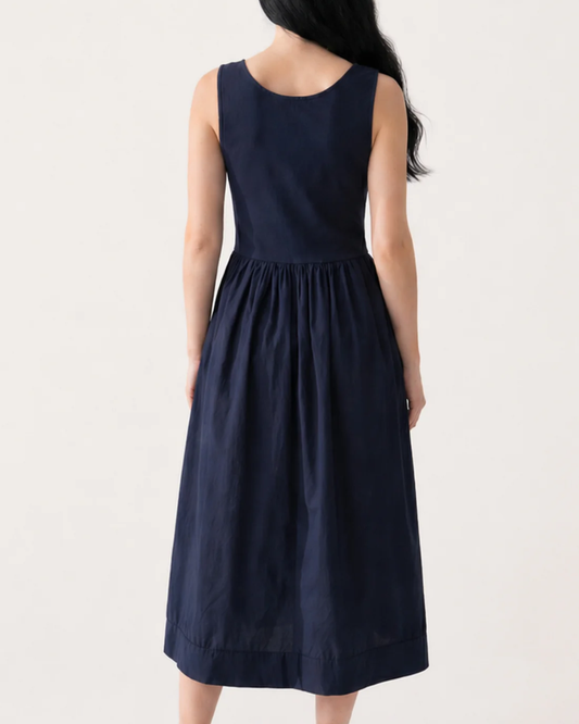 Navy Ribbed Top Combined Cotton Midi Dress