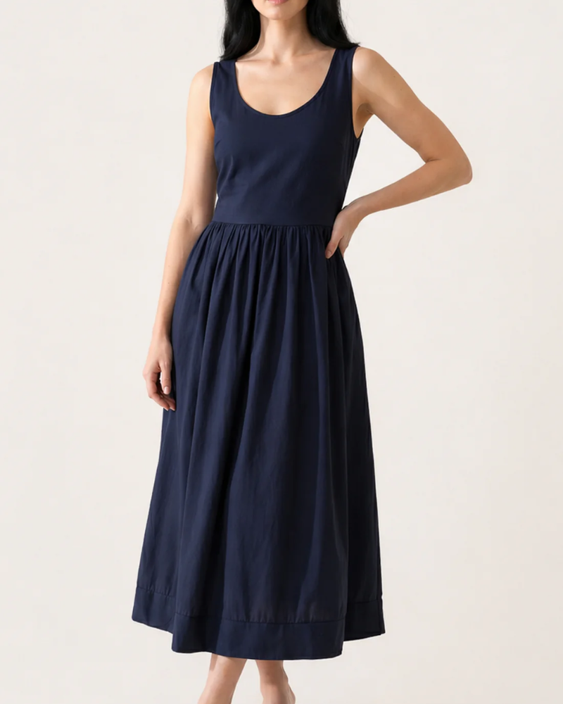 Navy Ribbed Top Combined Cotton Midi Dress