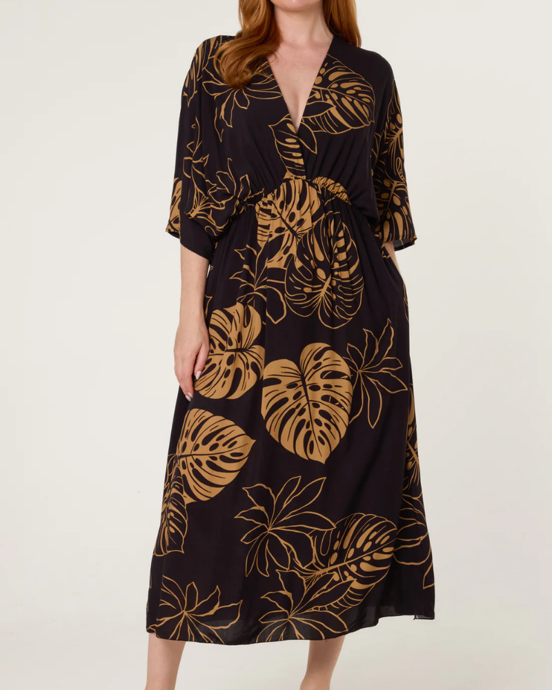Black Tropical Leaf Patterned V-Neck Dress