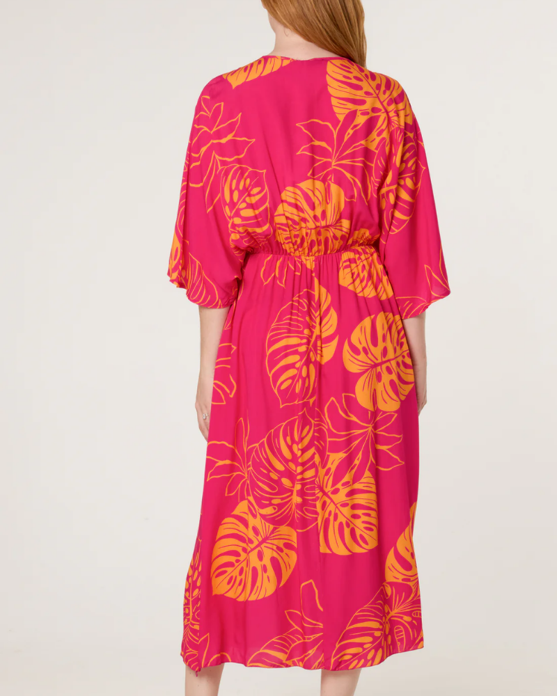 Fuchsia Tropical Leaf Patterned V-Neck Dress