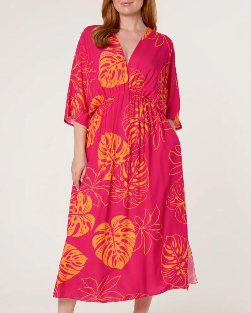 Fuchsia Tropical Leaf Patterned V-Neck Dress