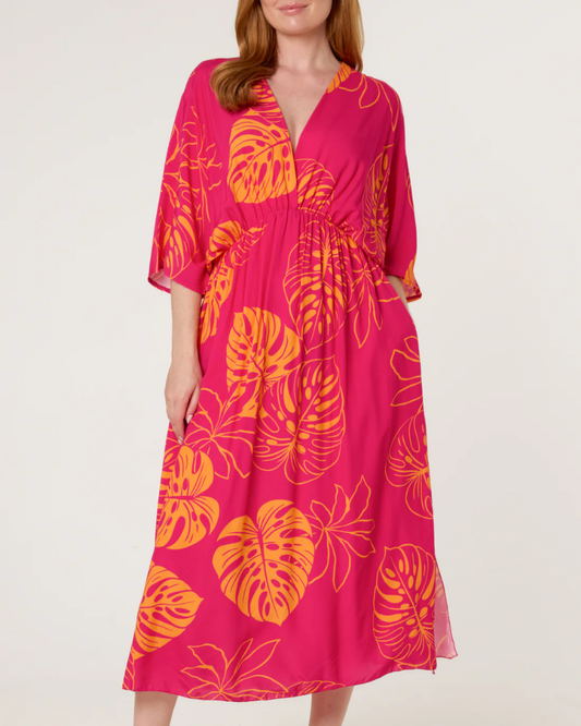 Fuchsia Tropical Leaf Patterned V-Neck Dress