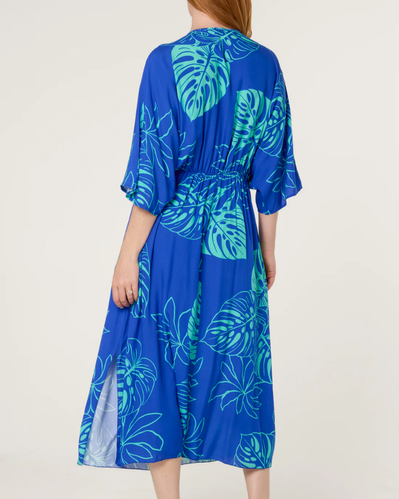 Royal Blue Tropical Leaf Patterned V-Neck Dress