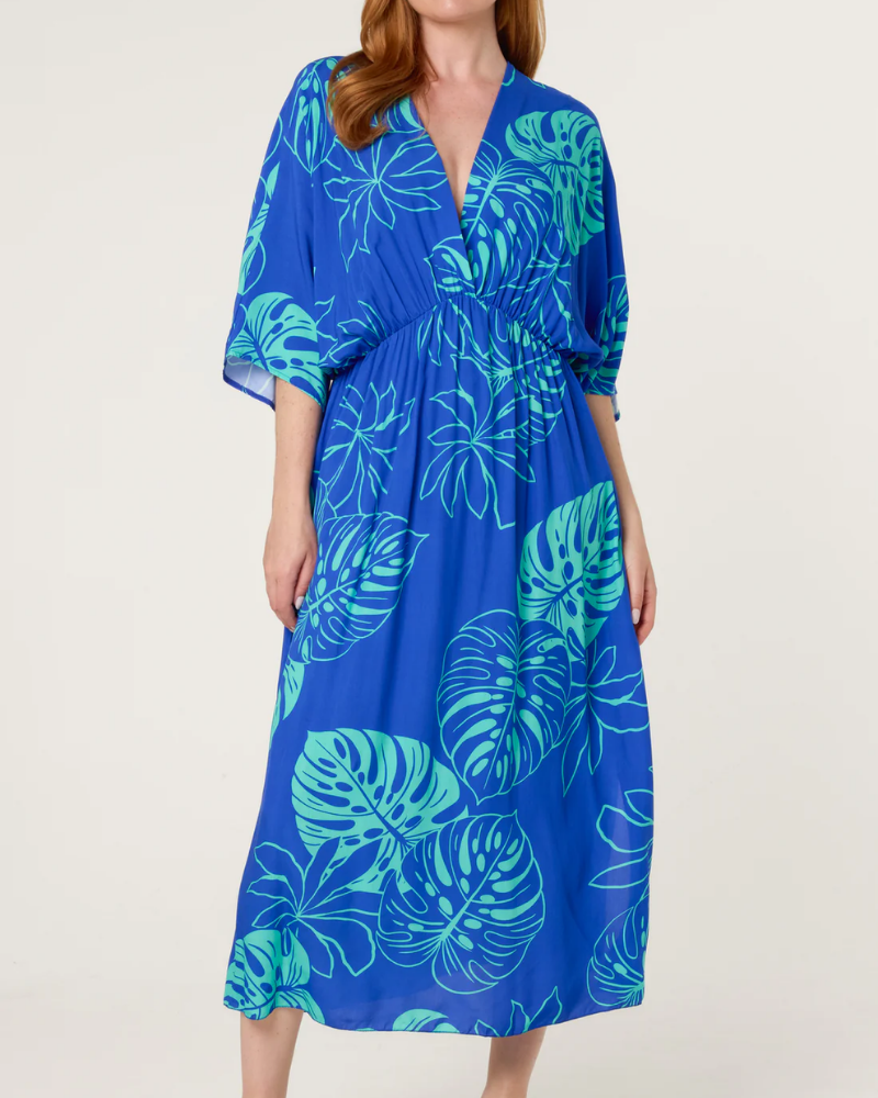 Royal Blue Tropical Leaf Patterned V-Neck Dress