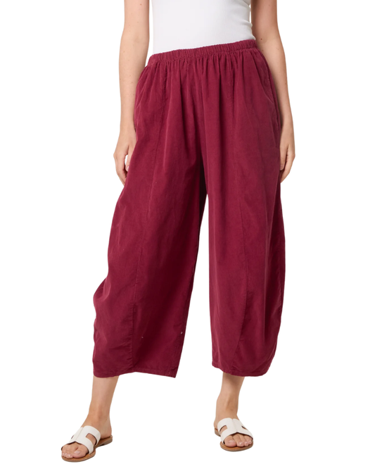 Wine Corduroy Elasticated Waist Cotton Trousers