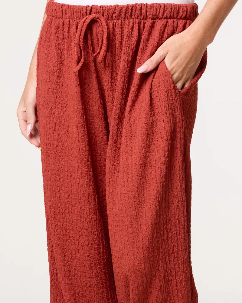 Crinkled Essential Wide Leg Trousers in Rust