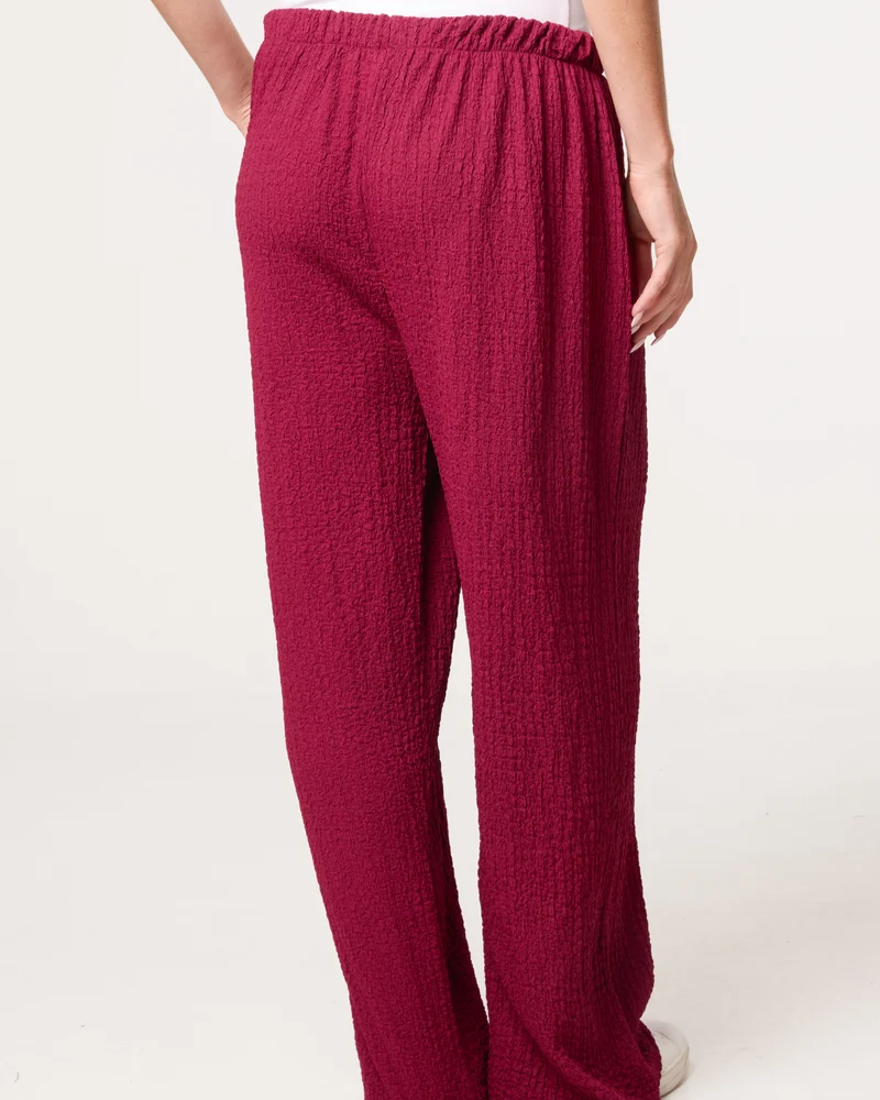 Crinkled Essential Wide Leg Trousers in Burgundy