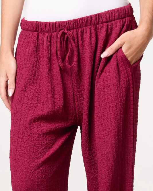 Crinkled Essential Wide Leg Trousers in Burgundy