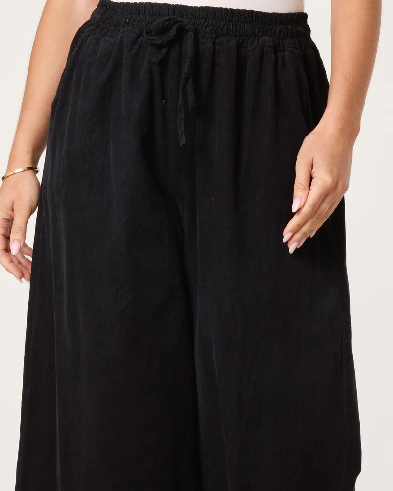 Pure Cotton Velvet Feel Wide Leg Trouser in Black
