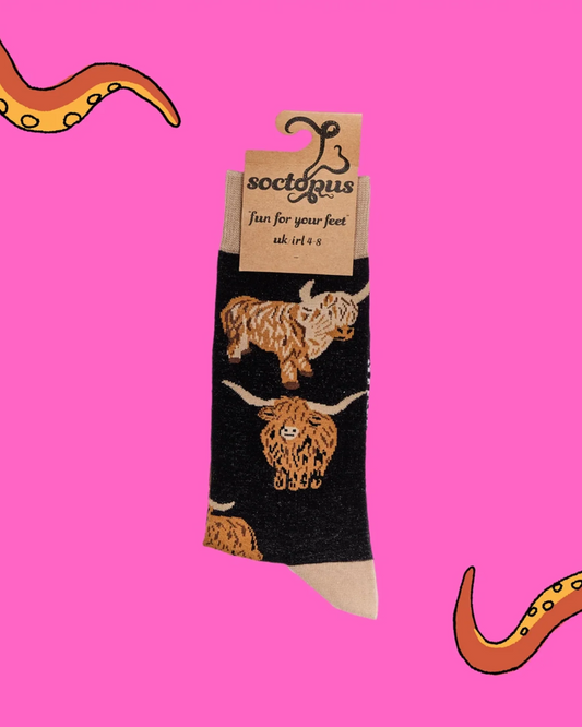 Black Och Aye the Moo Highland Cow Crew Socks