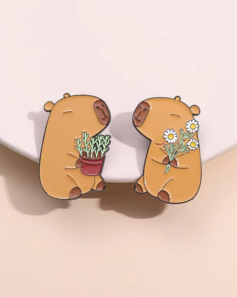 Capybara Enamel Pin Badge Flowers & Plants