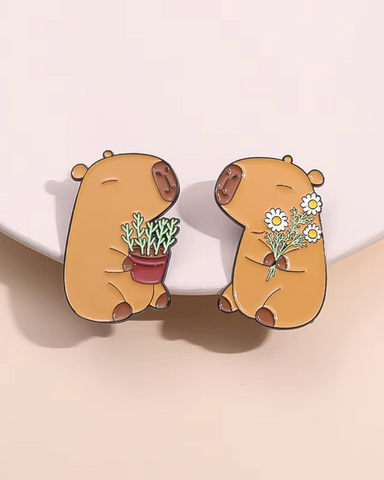 Capybara Enamel Pin Badge Flowers & Plants