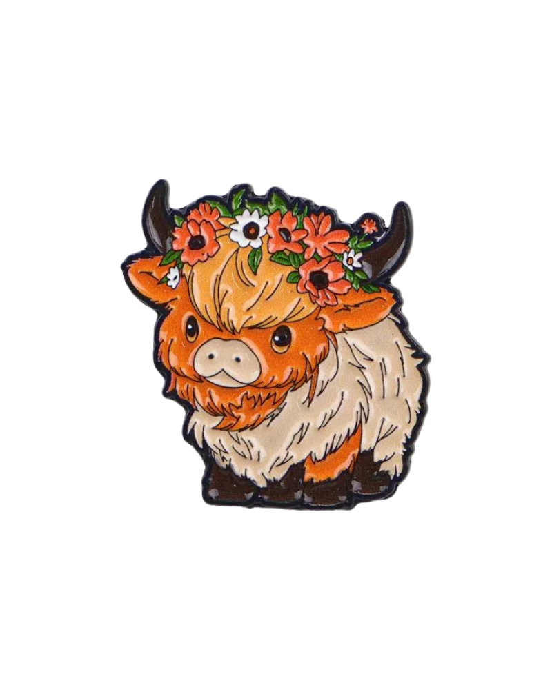 Cute Highland Cow Flower Crown Enamel Pin Badge