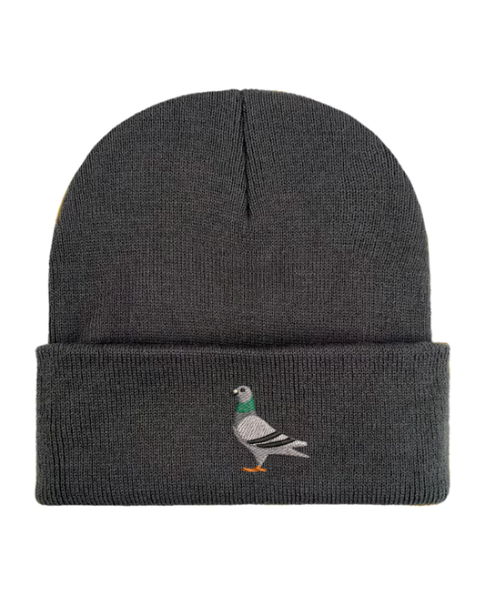 Pigeon Embroidered Beanie Hat in Dark Grey