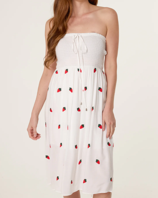 Cotton Bandeau Strawberry Embroidery Dress