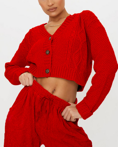 Red Cropped Cable Knit Cardi