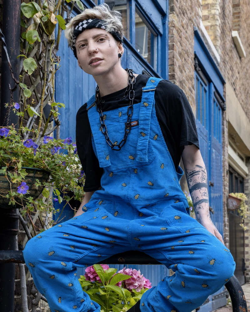 Blue Bee Print Unisex Corduroy Dungarees