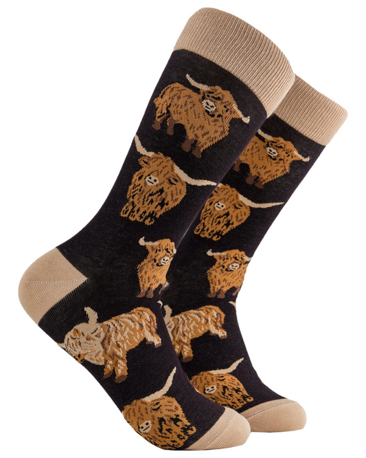 Black Och Aye the Moo Highland Cow Crew Socks
