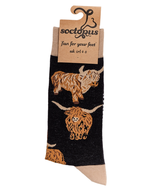 Black Och Aye the Moo Highland Cow Crew Socks
