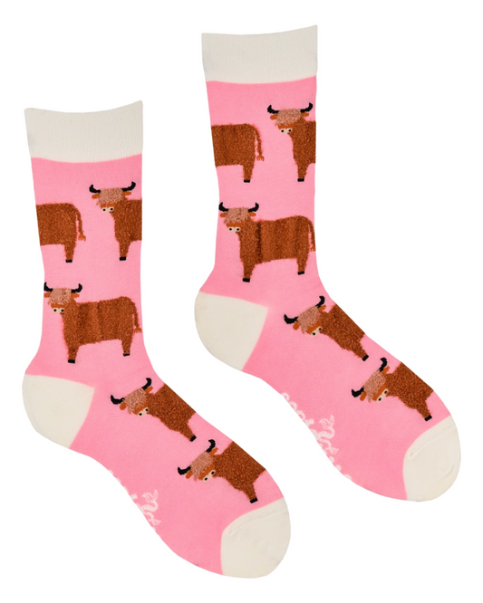 Pink Wee Hairy Coo Highland Cow Crew Socks