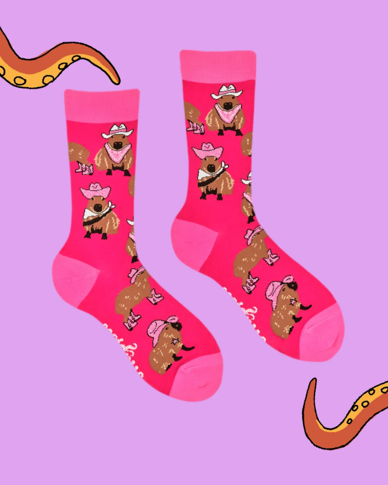 Pink Cowgirl Capybara Crew Socks