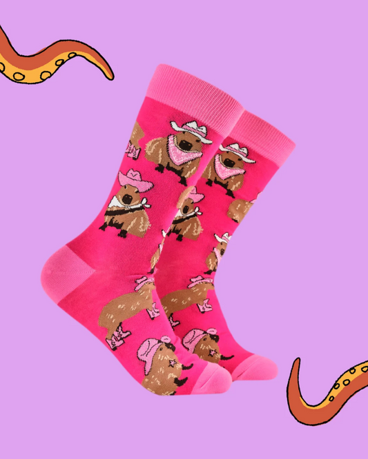 Pink Cowgirl Capybara Crew Socks