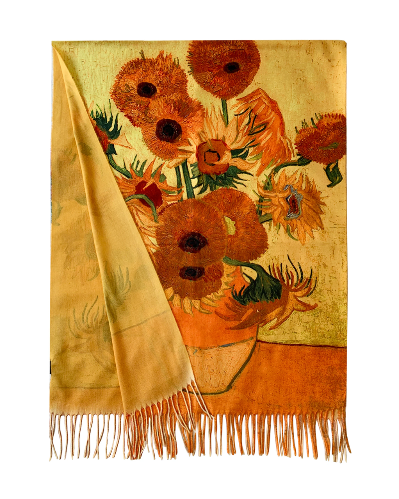 Van Gogh Sunflowers Print Wool Tassel Scarf