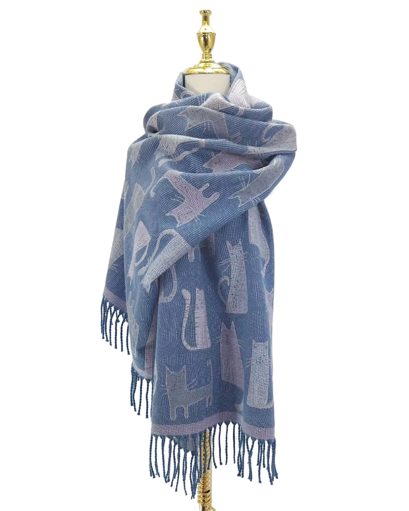 Denim Blue Cat Print Reversible Woven Wool Scarf