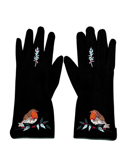 Secret Garden Embroidered Robin Gloves in Black