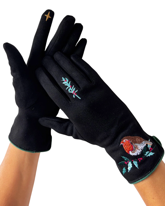 Secret Garden Embroidered Robin Gloves in Black